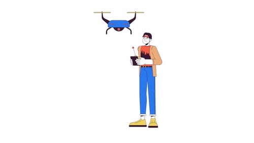 Asian man piloting quadcopter line 2D character animation