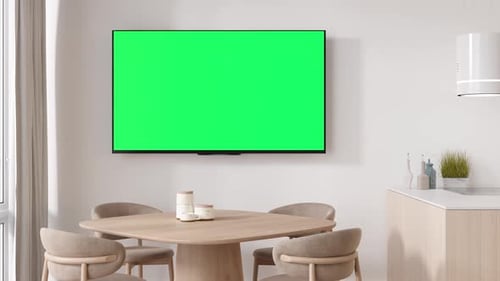 LED TV with blank green screen, hanging on the wall at home. TV video mock up with Chroma Key.