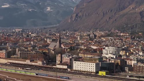 Aerial Over Bolzano South Tyrol with Hauptbahnhof and Cathedral