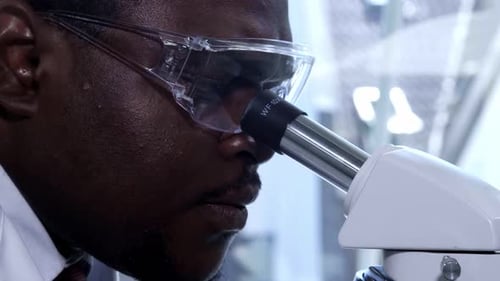 Afroamerikanischer Wissenschaftler arbeitet im Labor Männlicher Arzt macht Mikrobiologieforschung Biotechnologie