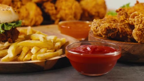 Man Eating Fast Food Delivery Meals Chicken Nuggets with Sweet Chilli Sauce Tomato Ketchup and Fried