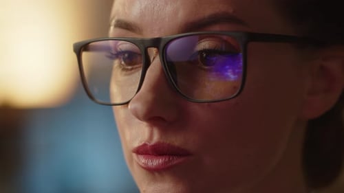 Close Up Photo of Speechless Woman with Glasses Reflection Market Graphics Changes Bad News Falling