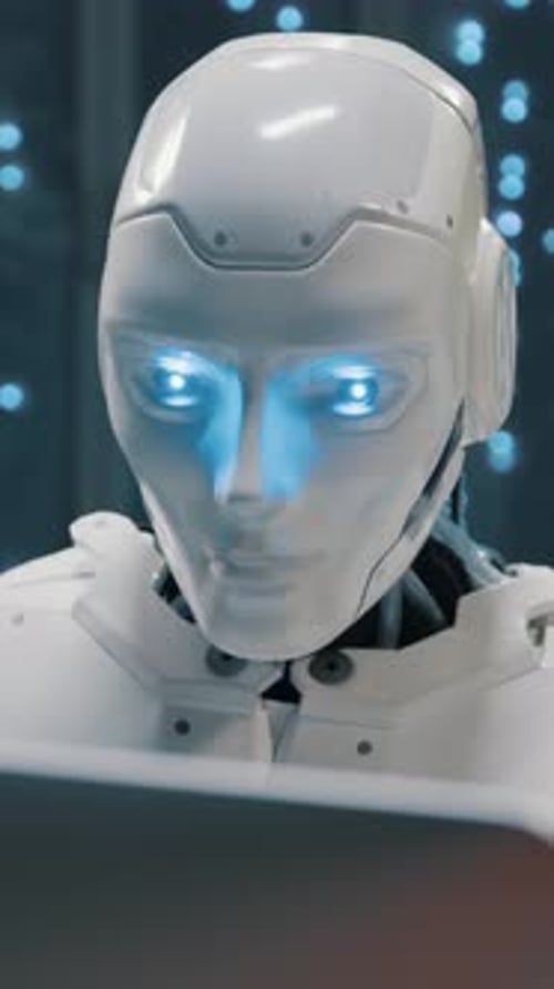 Futuristic Robot Typing Computer Keyboard Cloud Computing Webhosting Checking Server System Data