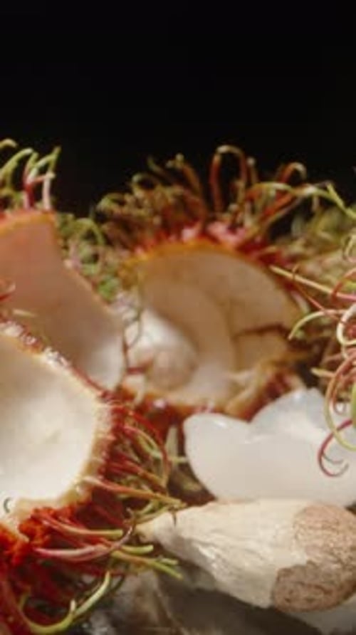 Dolly Slider Close Up Shot Moving Through Open Rambutan Shells and Juicy White Flesh on Reflective