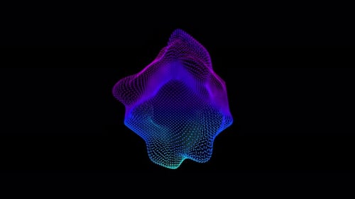 Ondas de distorsión en bucle en un cubo abstracto de partículas, datos digitales, salpicadura de caja, matriz de puntos