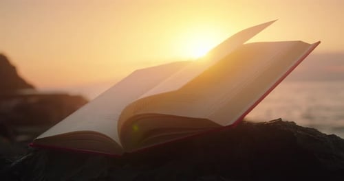 Libro abierto en la playa a la luz del atardecer