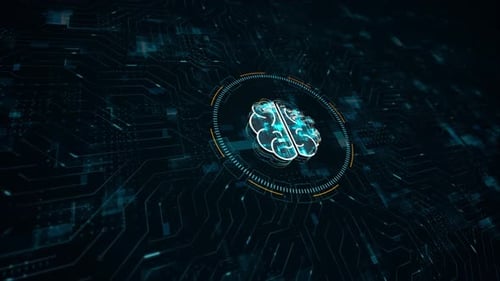 Blaues digitales Gehirnlogo und futuristischer Technologiekreis HUD mit Leiterplatte und Datenübertragung