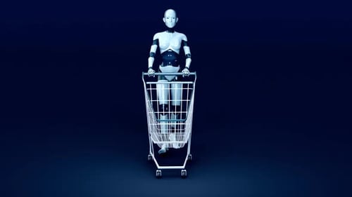 Figurine humanoïde robotique poussant un panier vide