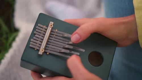 Teacher Demonstrating Tuning Techniques on Kalimba in Park Setting Individual Carefully Tuning Green