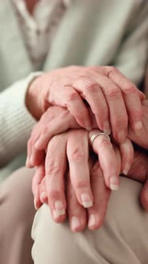 Home, care and people with empathy, holding hands and understanding of grief, loyalty and mourning