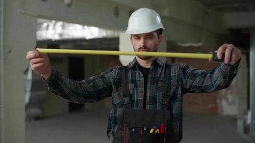 Builder Man Architect Holding Measure Ruler Building Measuring Tape Meter Caucasian Guy Male