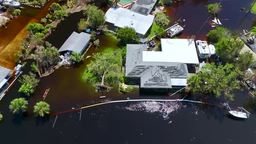 Surrounded By Hurricane Ian Rainfall Flood Waters Homes in Florida Residential Area