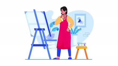 Artist Thinking Beside Easel Flat Design Animation