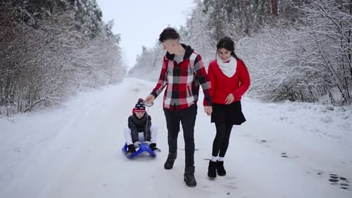 A Woman and a Man Take Their Child on a Sled During a Winter Walk