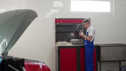 Professional Mechanic Assembles Engine with Precision Expert Fits Pistons Installs Rings and