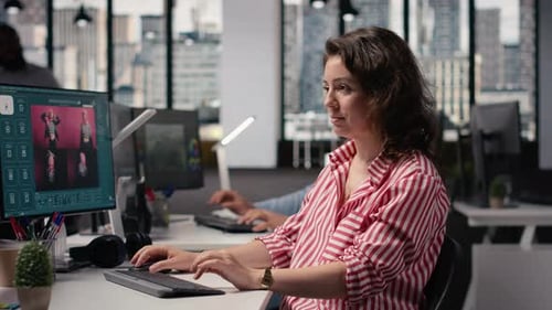 Female Agency Worker Ensuring Post Production with AI Generative Software