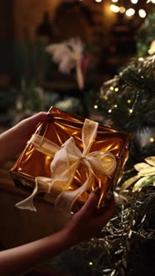 Hands Holding Christmas Present by Decorated Tree
