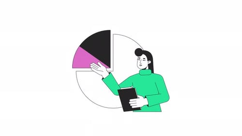 Animated Flat Design Character Presenting Data With Pie Chart
