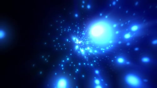 Abstrakter hellblau leuchtender Hintergrund: Kreise, Bokeh-Energiepartikel und Licht.