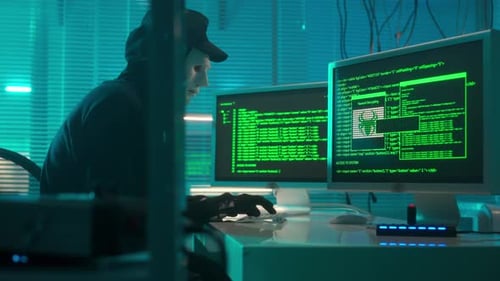 Hacker in a White Mask is Typing on a Computer Keyboard and Cracking a Password