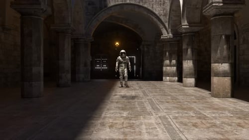 Astronaut is Exploring an Ancient Building with Stone Arches and Columns Sunlight Streams Through