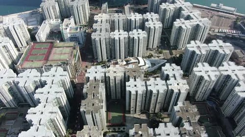 Aerial view of Hong Kong Whampoa buildings and unique Cruise Ship shaped shopping mall.