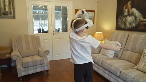 Boy Engrossed in Virtual Reality Gaming at Home