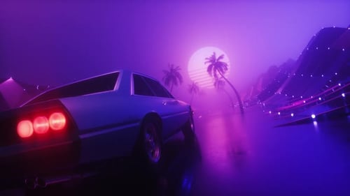 Synth-Wave-Hintergrund eines Sportwagens mit nebliger Landschaftsschleife
