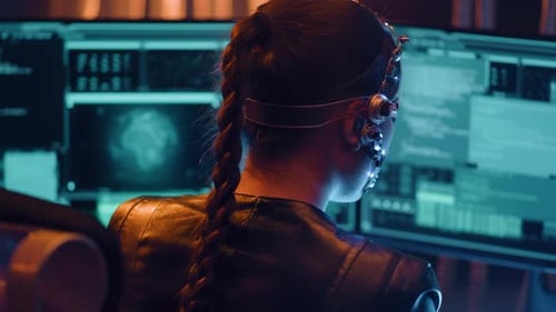 Cyberpunk Girl arbeitet mit mehreren Computerbildschirmen beim Programmieren und Programmieren