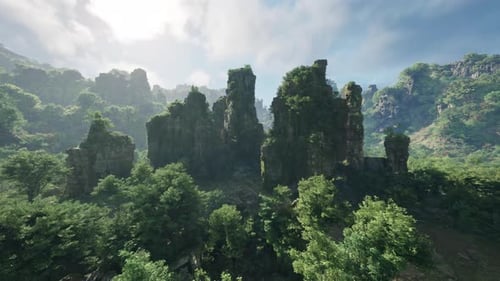 A Lush Forest Landscape with Towering Trees and Scattered Boulders