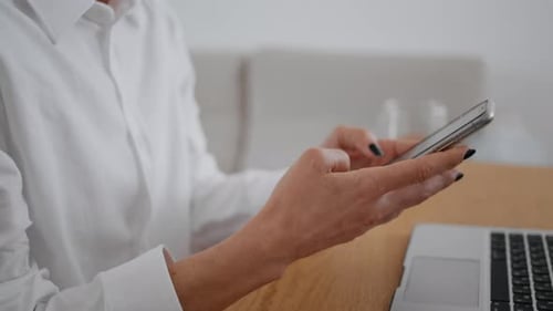 Closeup Businesswoman Fingers Messaging Telephone at Office Woman Texting Phone