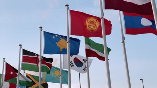 Flags of Many Nations Waving Gently in Wind