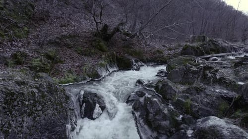 Primer plano aéreo de un viaje a lo largo del arremolinado arroyo de un río de montaña con una costa rocosa. Invierno