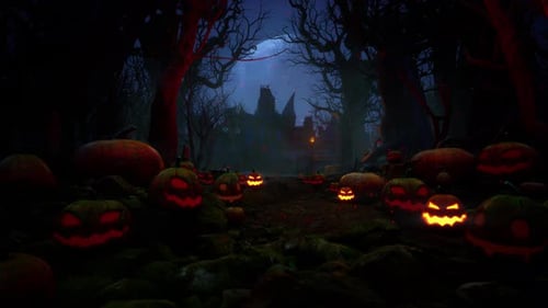 Spooky Halloween Scene with Glowing Jack o Lanterns and Haunted Forest