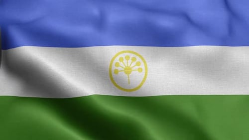 Waving Blue White Green Flag with Yellow Floral Emblem