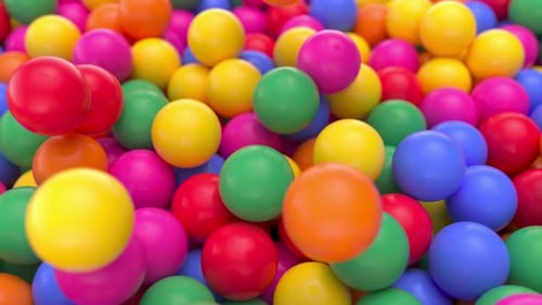 Esferas coloridas abstratas e bolas rolando e caindo em animação 3D 4k