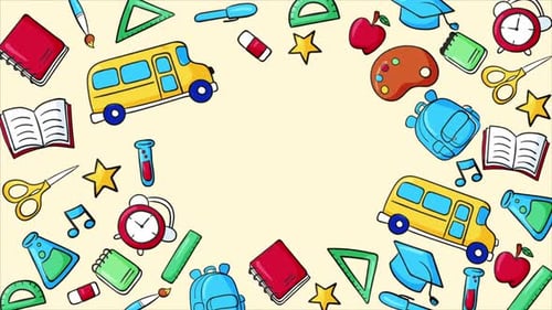 Back To School Items Flying Yellow Background 4K