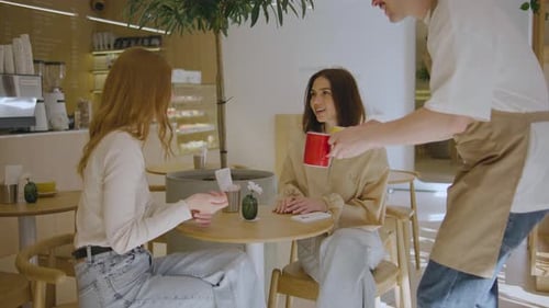 Two Young Beautiful Women are Sitting in a Cafe and Talking the Waiter Brings Them Coffee Girls in a