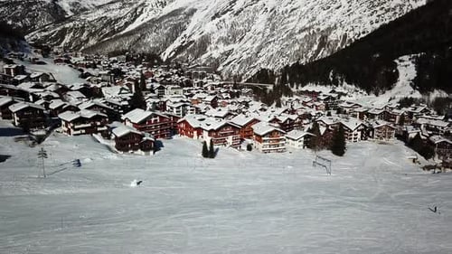 Saas Fee village by drone, swiss alps, Switzerland.