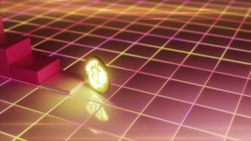 Glowing Golden Bitcoin Coin Spinning on a Reflective Grid Surface Next to a Red Bar Chart
