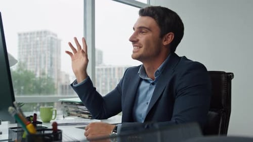 Smiling Manager Talk Online Greet Partner in Office. Freelancer Discuss Project Chatting