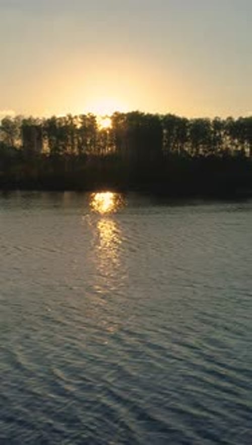Low Angle Flying Over the Lake in Park Against the Sun Vertical Video