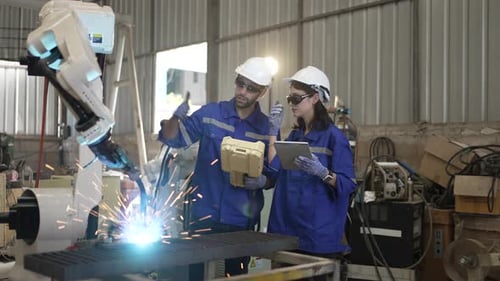 Blue collar workers at machine shop with welding robot arm.