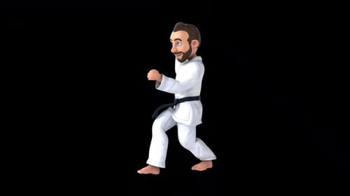 Lustiger 3D-Cartoon-Karateka beim Shudan-Soto-Uke (mit Alphakanal)