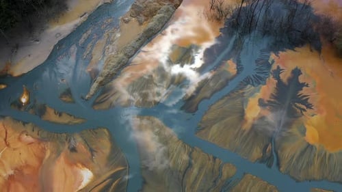 Aerial view of colorful natural water patterns. Mining water pollution, environmental pollution