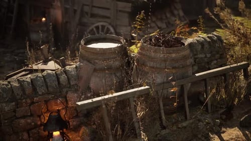 Rustic Barrels and Stone Wall with Glowing Lantern