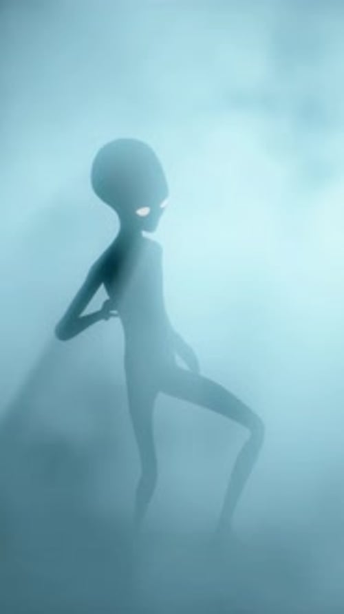 Gruselige graue Aliens tanzen auf einem dunklen rauchigen Hintergrund.