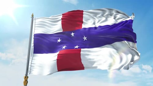 Netherlands Antilles Flag Waving in Realistic Style with Blue Sky