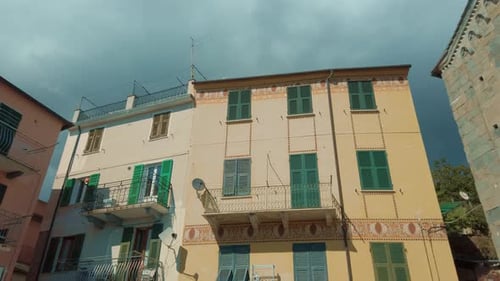 Cinque Terre Corniglia Church Facade, Houses, Balconies, Clouds