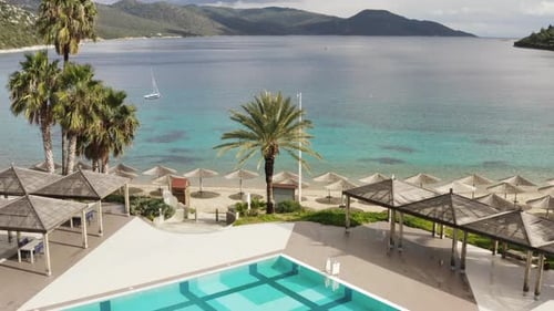 Aerial video of an amazing beach at a resort in Bodrum, Turkey